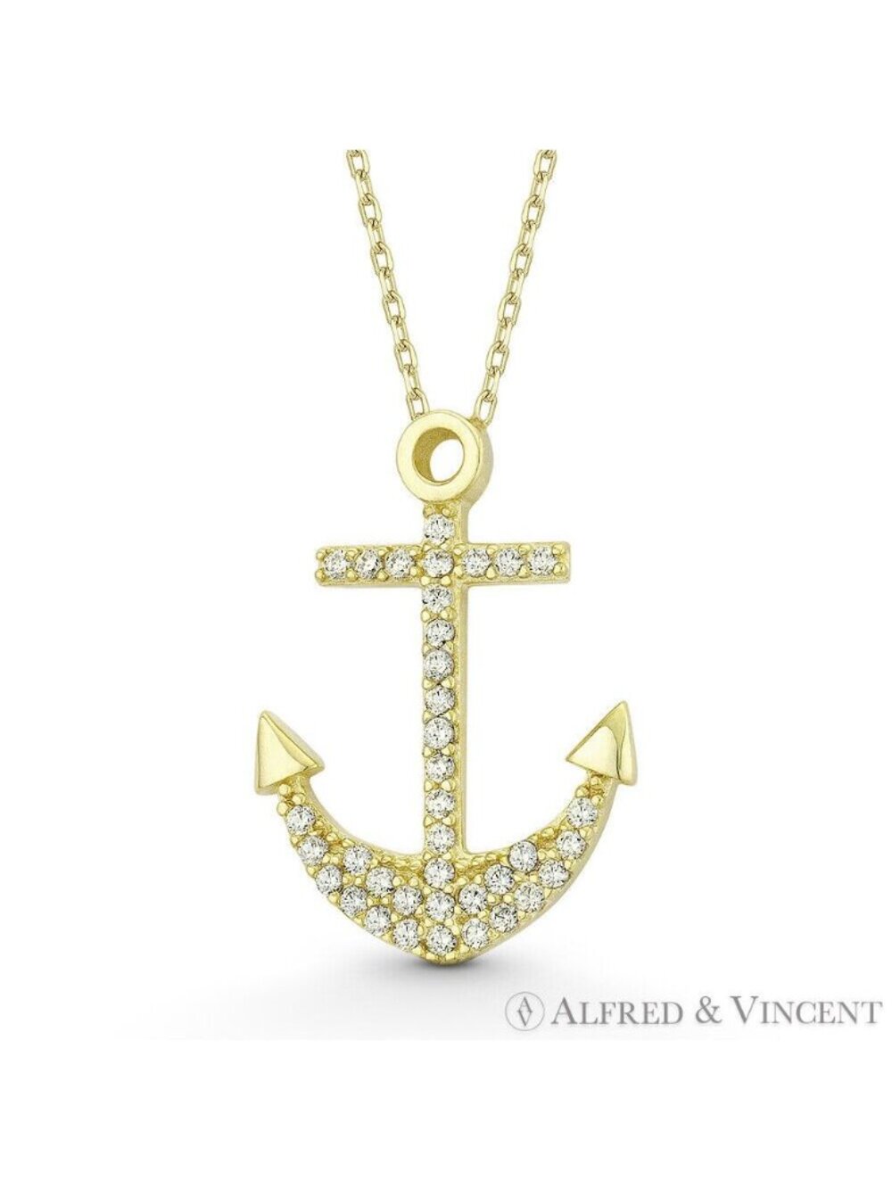 Nautical Anchor Charm CZ Crystal Pendant in .925 Sterling Silver w/ 14k YGold